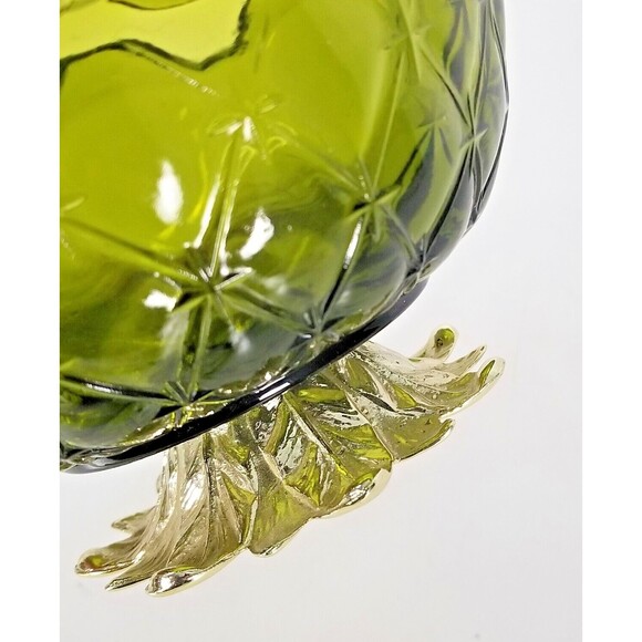 VTG Indiana Glass Avocado Green Crimped Edge Diamond Duette Bowl MCM Pineapple - Picture 6 of 9